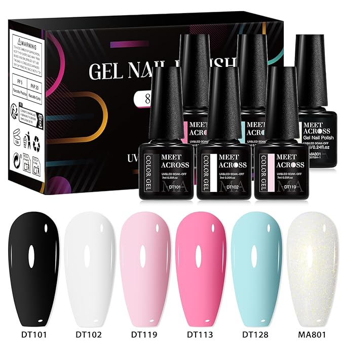 MEET ACROSS 5 Colors Gel Nail Polish with Glitter Gel Top Coat, Shimmery Nail Gel Polish Black White Pink Sky Blue Nail Polish Set Manicure DIY Home Salon 6Pcs*7ml