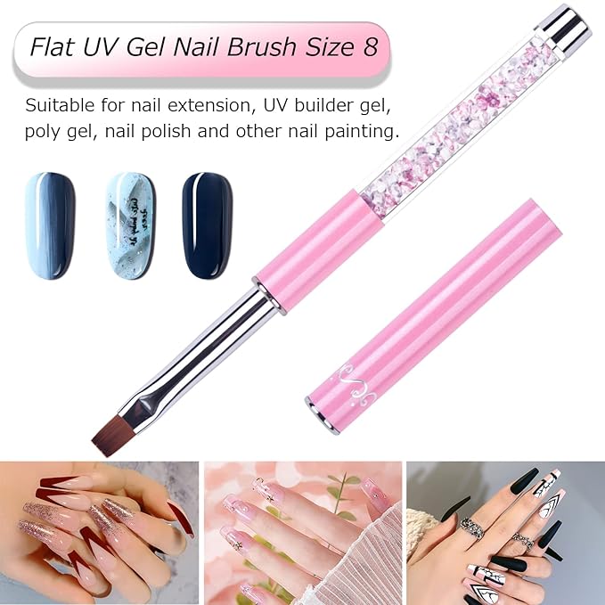2Pcs Oval & Flat UV Builder Gel Nail Brush Set Rhinestone Handle Polygel Hard Gel Nail Art Brushes Pink