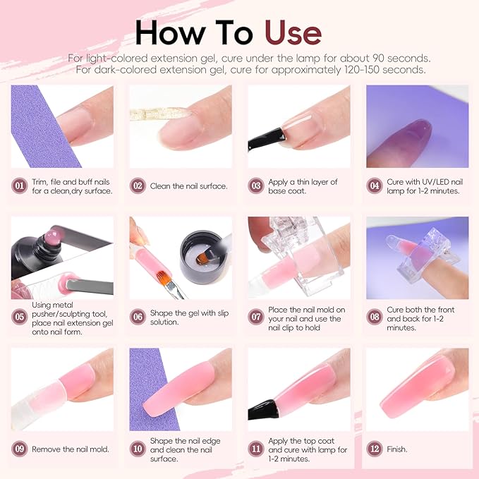 PEACECOLOR 24Pcs Poly Nail Gel Kit Starter Kit with Nail Lamp 6 Colors Pink Nude Black Poly Nail Extension Gel with 3Pcs Glossy/Matte Top Coat Nail Rhinestones DIY Home Gifts for Women
