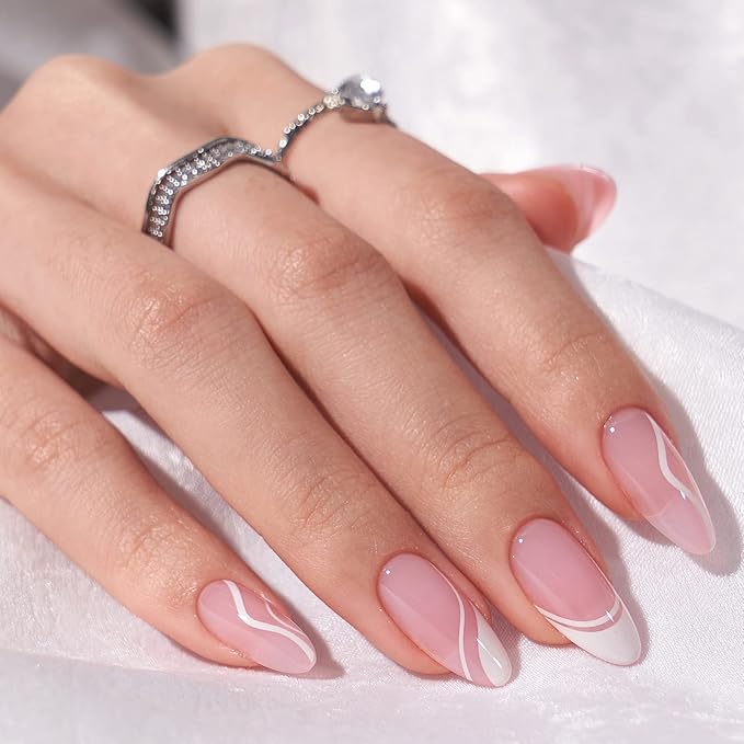 BTArtbox Press On Nails Medium - Soft Gel French Tip Press On Nails, Almond Glue On Nails with Nail Glue, Reusable Stick On Nails in 15 Sizes, White Swirl