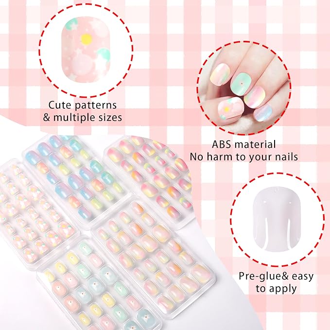 SIUSIO 120Pcs 5 Pack Press on Nails kids Children Acrylic Fake Nails Cute Pre-glue Full Cover Gradient Color Rainbow Short Stick On False Nail Art Kits Set for Kids Little Girls - Gradient Paradise