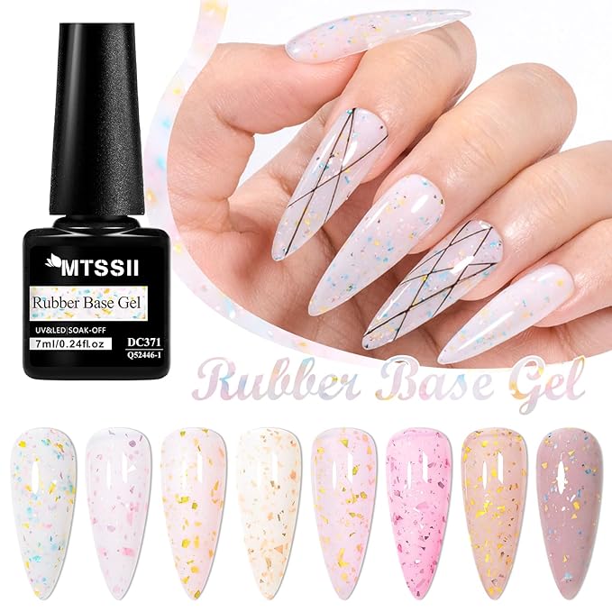 MTSSII Rubber Base Gel Nail Polish Kit with Golden Sequins For Nails, Glitter Sequins Gel Nail Polish Set, Soak Off UV Cured Nail Nail Art Design at Home