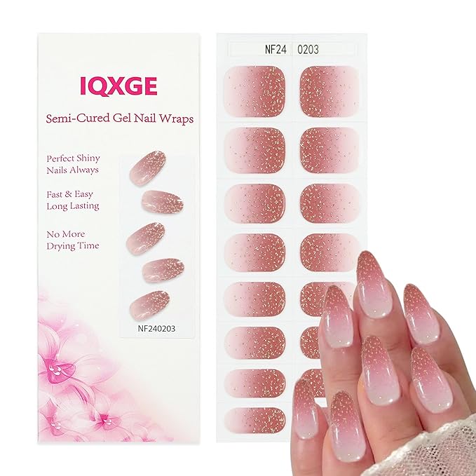 16Pcs Semi Cured Gel Nail Strips Ombre Pink Gel Nail Stickers Gold Glitter Nails Wraps UV/LED Light Needed Glossy Nails Polish Strips for Women Includes Prep Pads, File, Wooden Cuticle Stick