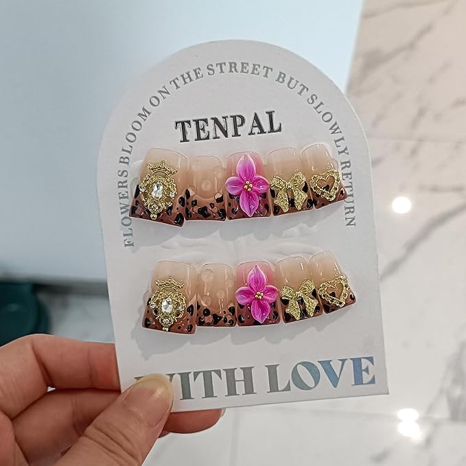 Duckbill Nails,Brown Leopard French Tips Press on Nails with Kit,Soft Gel Fake Nails with 3D Charms Hearts Bows Flowers,Metallic Edgy Punk Y2K False Nail with Rhinestone for Winter Fall(M)