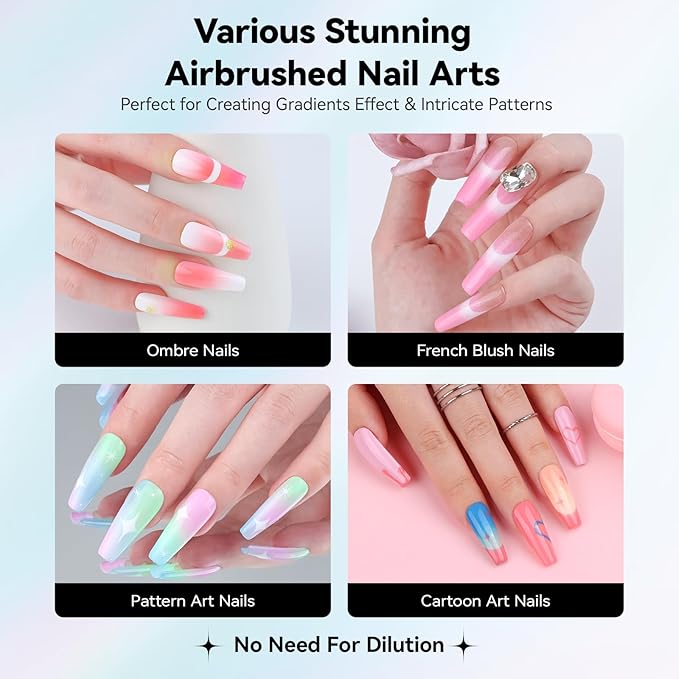 vrenmol 12PCS Airbrush Gel Nail Polish Hema-Free: No Need Dilution Airbrush Gel Nail Polish 12 Bright Colors Airbrush for Nails Paint Stencils Patterns Gradients Ombre French Nails Manicure Pedicure