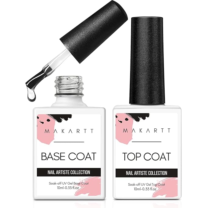 Makartt 2 Pcs Gel Top Coat and Base Coat Set - No Wipe Shine Finish Soak Off Base Top Coat Long Lasting for Gel Nail Polish, LED UV Lamp Needed, Salon Quality Nail Manicure Spring Gifts, 10ML