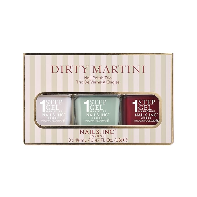 Nails Inc It's Topless Gel-Like Dirty Martini Nail Polish Trio, 4-in-1 Base Coat, Treatment, Color & Top Coat, Long Lasting, Strong, Chip Free, Glossy Salon Quality Manicure, Air Dry, 3 Piece Set