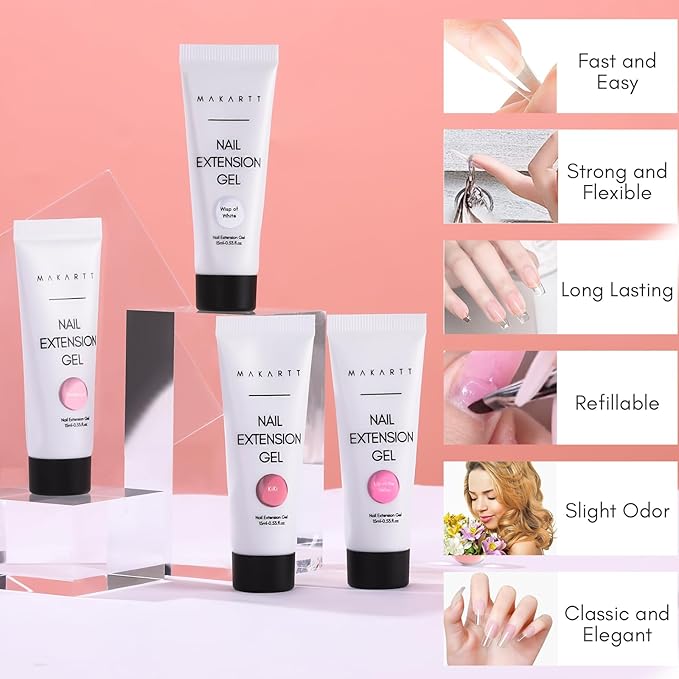 Makartt Poly Nail Gel Set - 4 Colors, Strong Builder for Extension Overlay Strengthener 3D Diy, Multifunctional, Long-lasting for Nails French Manicures Home Salon Clear and 3 Pink Shades