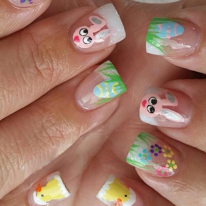 Easter Eggs Hatching Chick Fake Nails Colorful Flower Acrylic Nails Short Square French Tip Easter Press on Nails Cute Bunny False Nails with Design Full Cover Stick on Nails for Women Nail Art