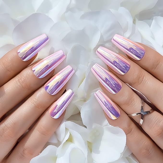 Hypnaughty 24 Pcs Party Star Chrome Coffin Medium Long Press On Nails and Glue Reflective Mirror False Nails (Party Star)