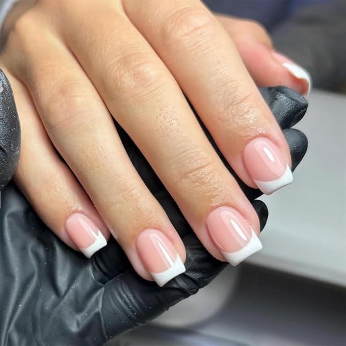 24pcs Short Square Press on Nails French Tip Fake Nails with Designs White Glossy False Nails Art Supplies Full Cover Glue on Nails Acrylic Nail Supplies for Women Manicure Tips