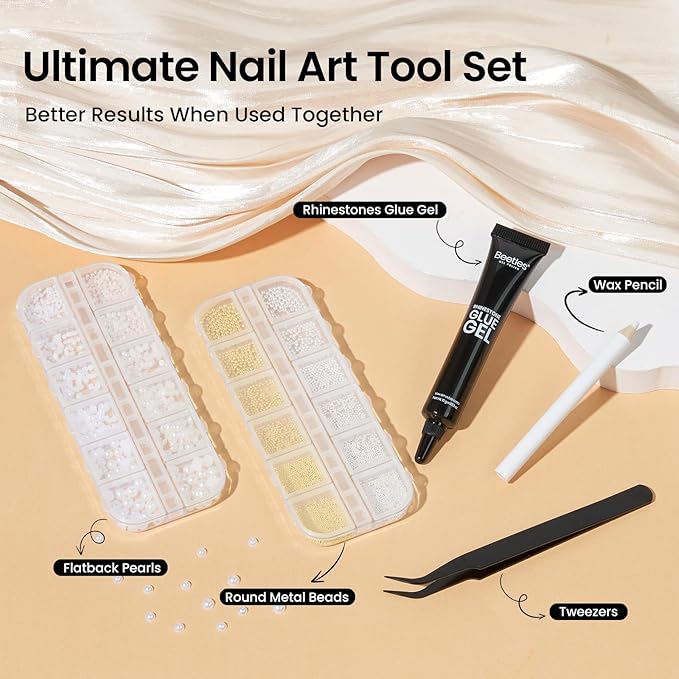 Beetles 3D Nail Charms Gold Silver Nail Beads and White Pearl with 15g Rhinestone Glue Tweezers Pick-up Pencil for Nails Art Metallic Round Caviar Beads White Flatback Pearls Manicure Accessories