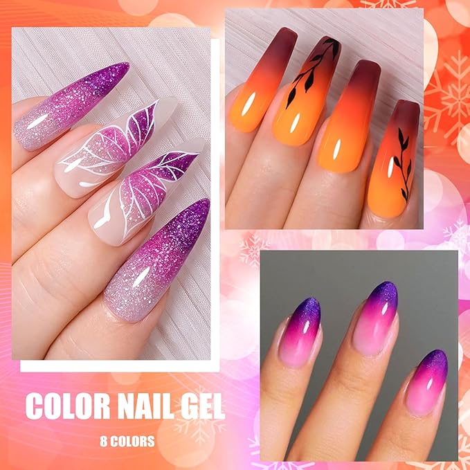 MEET ACROSS Mood Gel Nail Polish Set Temperature Color Changing Gel Colors Collection Red Pink Purple Glitter Brown Gold Gel Polish Soak Off 8 Colors Holiday Gifts Salon DIY at Home