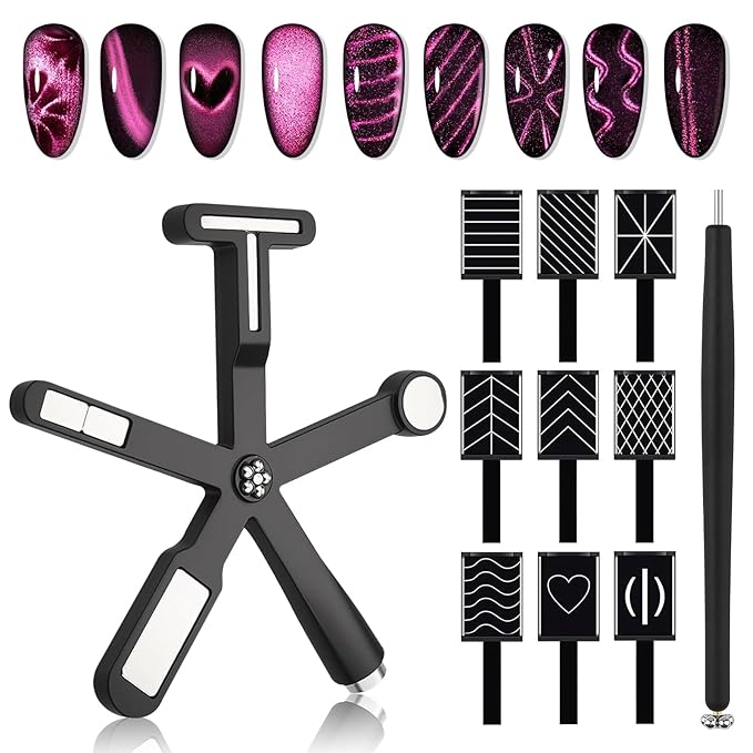 EBANKU Cat Eye Magnet Tool Set, 11PCS Cat Eye Gel Nail Polish Magnet Tools , 6 in 1 Cat Eye Nail Magnet Set with Steel Ball Magnetic Pen, Multifunctional French Heart Magnet for Nail Art DIY at Home