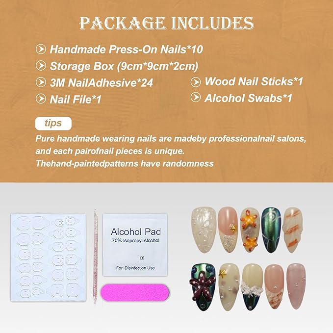 Handmade Press On Nails - Luxury Medium Almond Acrylic Nails with 3D flowers & Rhinestone Reusable Fake Nails, Elegant French Tip Contrast Color Design Nail Art for Women(10PCS)