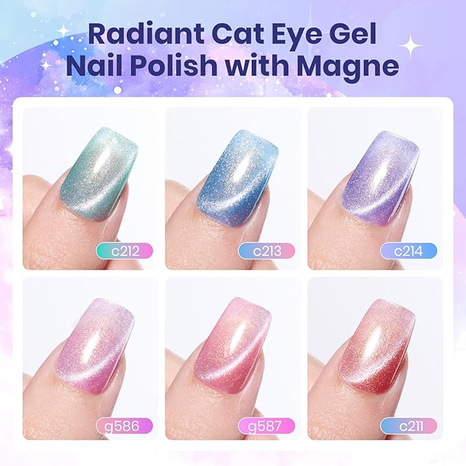 Beetles Romantic Galaxy Cat Eye Gel Nail Polish Set - 6 Colors Glitter Gel Polish Kit Pink Blue Purple Red Green Velvet Gel Magnet Soak Off UV French Nail Art Manicure Spring Summer Gift for Women
