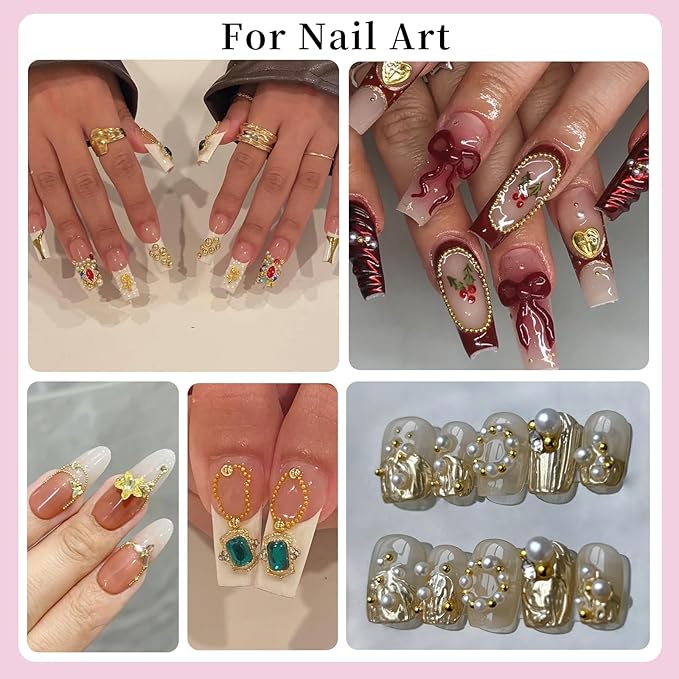 3D Mini Small Metal Stainless Steel Caviar Nail Beads Balls, 0.8-3mm Gold Silver Alloy Nail Art Chain Charms Studs with Tweezers and Dual-end Brush (1-K1-metal-beads)