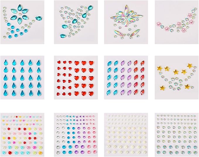 Craftdady 12 Sheets Resin Rhinestone Stickers Heart Teardrop Flower Star Stick On Face Gems Stick On Nail Body Resin Beads for Halloween Makeup Nail Art Wedding Scrapbook