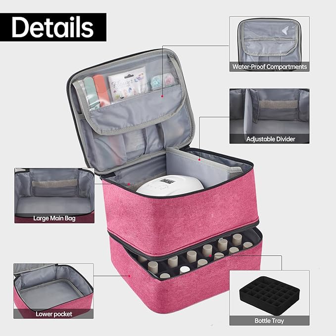 Buruis Double-Layer Nail Polish Organizer Bag, Holds 27 Bottles (15ML/0.5 FL.OZ or Larger), Nail Tools & Dryer Storage Case with Adjustable Dividers (Pink)