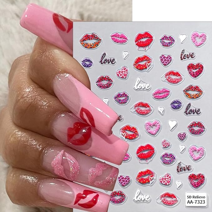 4Pcs Valentines Day Nail Stickers 5D Embossed Red Lips Heart Nail Art Stickers Leopard Print Lips Bow Love Designs Self-Adhesive Nails Art Supplies Holiday Nail Decals for Women Manicure Decorations
