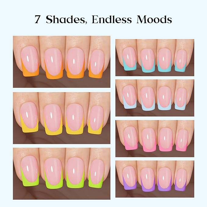 Beetles Summer Press On Nails 224 Pcs 7 Colors, French Tip Nails Short Square Classic Fake Nail Tips, Rainbow Soft Nail Gel False Nails Art DIY For Women