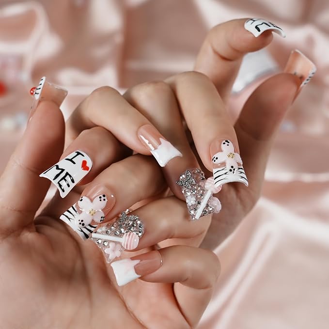 Short Duck Press on Nails - 3D Floral Metallic Butterflies French Tip False Nails with Zebra Stripe Print, Lollipop Cherry Stars Luxury Cute Design (Cute Love Cherry Candy,L)