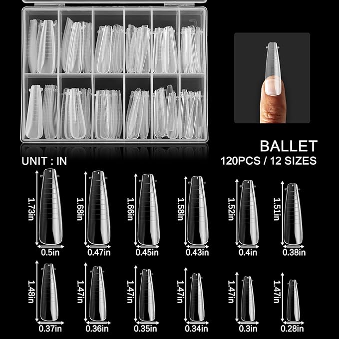 120Pcs Clear Dual Nail Forms,Long Ballet Extension Poly Nail Gel Nail Forms Full Cover Nail Molds 12 Sizes for Solid Nail Gel Glue Nail Art Design Salon&DIY(Extra Long Ballet)