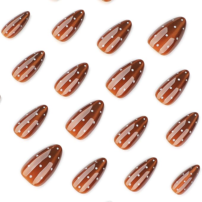 Brown Cat Eye Polka Press On Nails Medium Almond, Salon-Quality Acrylic Fake Nails, Stylish Design, Reusable Stick-Ons, Spring Summer DIY Nail Art Kit for Women | Daily/Party Gift 12/24 Pcs