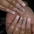 Pink Heart Long Press on Nails Coffin with Love Rhinestones Design Acrylic Nails Press ons Full Cover False Nails with Glue for Women and Girls 24Pcs