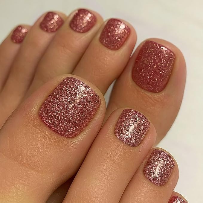 34 Pcs Semi Cured Gel Toe Nail Strips Coral Orange Glitter Gel Nail Stickers Full Cover Glitter Nails Wraps Self Adhesive Toe Nails Polish Strips Stickers for Women UV/LED Light Required
