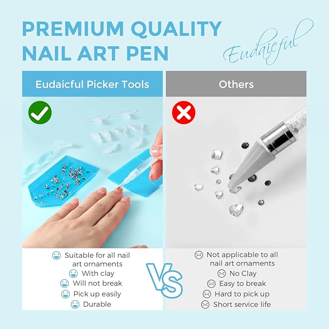 Rhinestone Picker Tool Kit: 2Pcs Rhinestone Picker Handle, Dual-Ended Rhinestones Applicator Dotting Tools Pen with 12 Upgraded Plastic Replacement Tips, Clay for DIY Nail Art Craft (Blue)