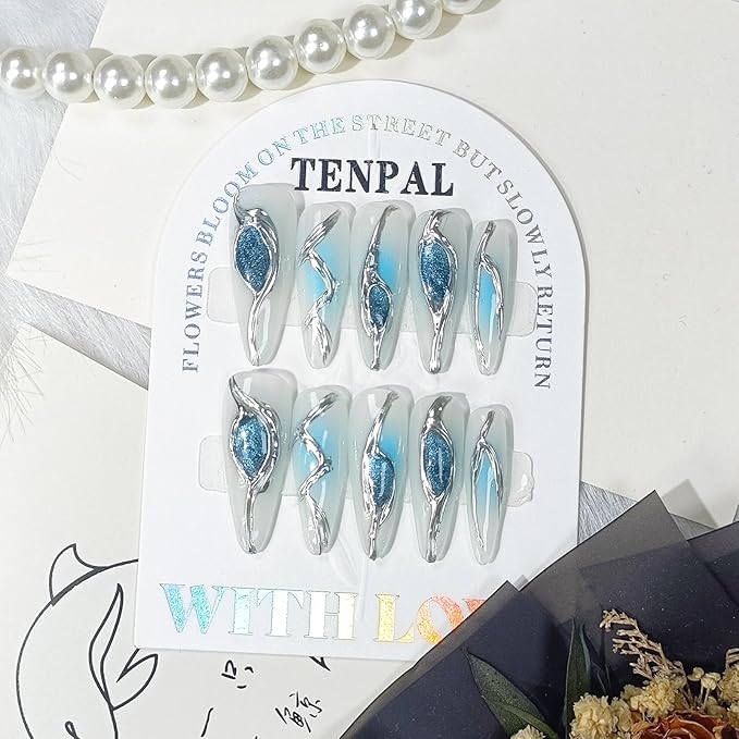 10PCS Long Stiletto Press on Nails with Tools Kit - Icy Ocean Blue Cat Eye & Metallic Liquid Design Glue on Nails | Rebel Glam 3D Relief Fake Nails | Long Sparkling Mermaid False Nails(XS)