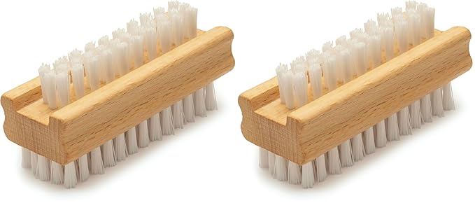 Konex Non-Slip Wooden Two-sided Hand and Nail Brush. Fingernail Brush for Nail Cleaning and Scrubbing. Heavy duty Stiff Nail Brush for Travel. Mechanic hand scrub brush with molded grip. (Pack of 2)