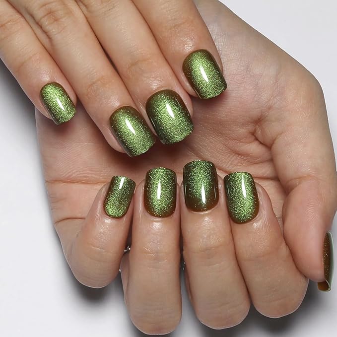 Crisp Green Press on Nails Short Square, Cat Eye Press on Nails, Fashion Gel Fake Nails, Reusable Acrylic Fake Nails, Glossy Stick on Nails, Thick Reusable Glue On Nails for Women, 24Pcs