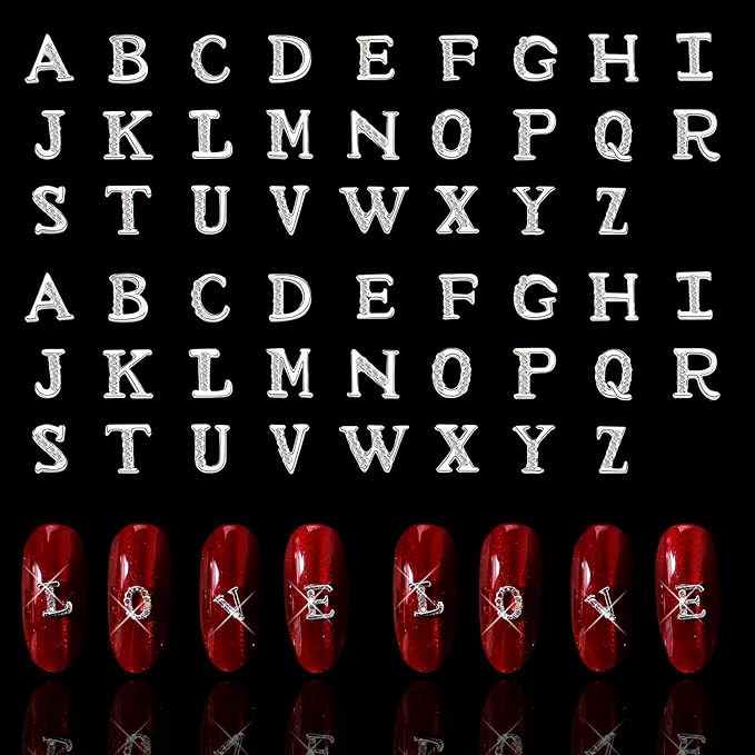 JERCLITY 52pcs 3D Metal Silver English Capital Letters Nail Charms Studs Alloy Rhinestone Nail Charms for Nails Silver Alphabet Stickers for Women Nail Art