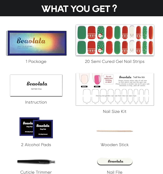 Semi Cured Gel Nail Strips - UV Light Gel Nail Stickers - 20 Long Lasting Salon Quality Wraps (Blissful Christmas Fawn Red&Green)