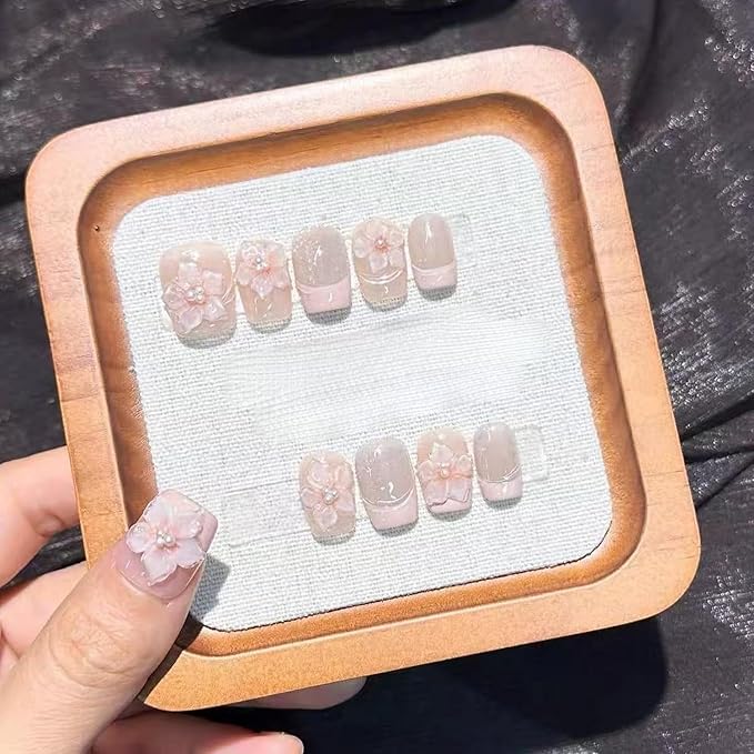 Pink Flower Press on Nails Handmade Press on Nails Short Square Fake Nails with 3D Flower Rhinestones Designs French False Nails Stick on Nails Full Cover Acrylic Nails for Women Nails DIY (Size M)