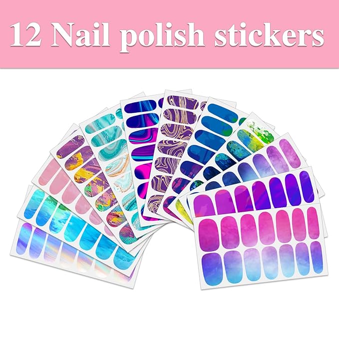 WOKOTO 12 Sheets Blooming Gradient Nail Polish Strips For Women Nail Art Wraps For Nails, Colorful Graffiti Marble Nail Stickers Gel Nail Strips Press On Nail Polish Stickers For Women Girls