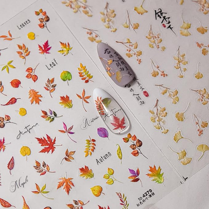 Maple Leaf Nail Stickers Fall Nail Art Decals Autumn Leaves with Design 5D Embossed Self Adhesive Nails Stickers for Nail Art Manicure Supply Decoration for Women Girls Kid 2 Sheets