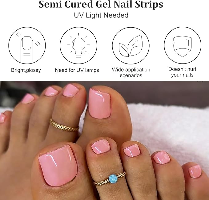 32 Pcs Semi Cured Gel Toe Nail Strips Nude Pink Gel Nail Stickers Full Cover Nails Wraps Self Adhesive Toe Nails Polish Strips Stickers for Women UV/LED Light Required