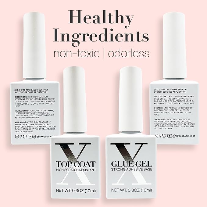 SXC Cosmetics French Tip Press On Nails Pink Series, Small Coffin X-Pro Tips Starter Kit