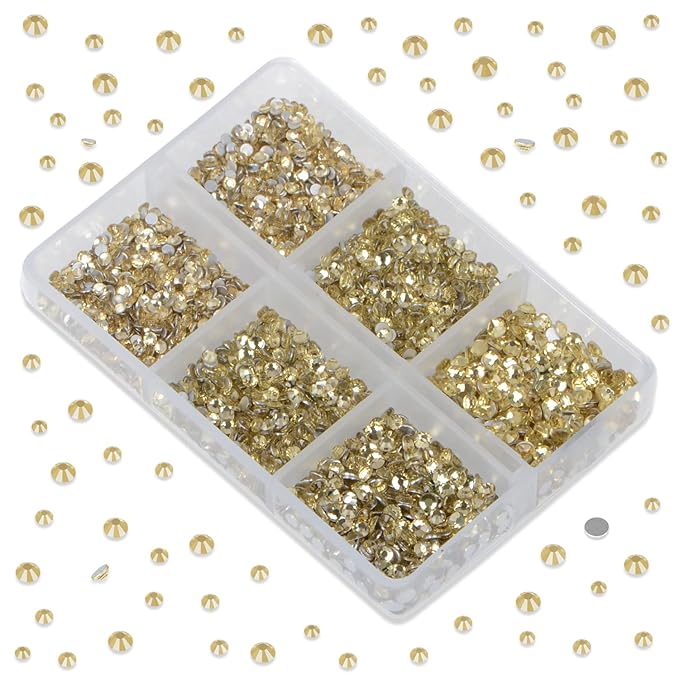 LPBeads 6000 Pieces Jonquil Non Hotfix Rhinestones 6 Sizes Round Crystal Glass Flat Back Rhinestones with Tweezers and Picking Pen for Nail Art Crafts Clothes Bags DIY