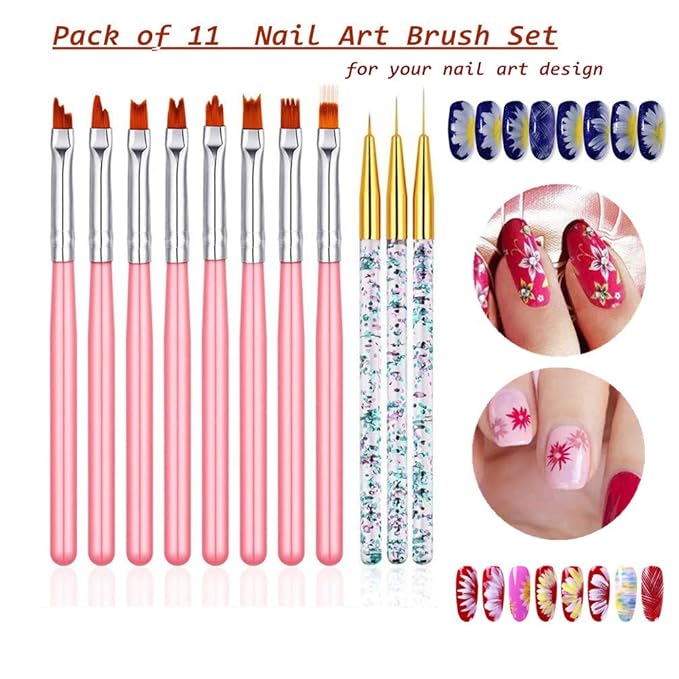 11 Pc Nail Art Brush Set - UV Gel Painting Pen, Flower & Gradient Designs, Liner Brushes