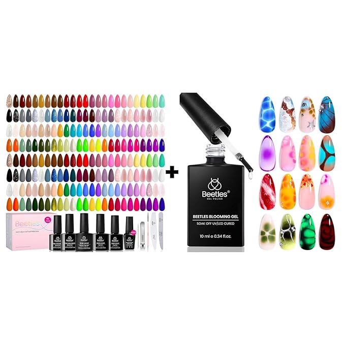 Beetles 110 PCS Gel Nail Polish Set, 100 Colors Infinite Inspiration All Season Red Brown Green Blac with Blooming, Clear Uv Led Blossom for Spreading Effect Marblee