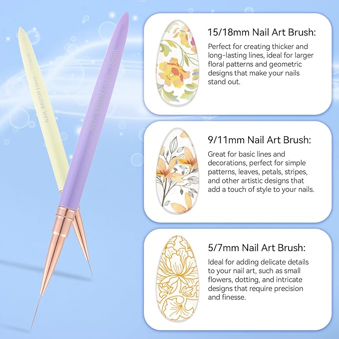 6Pcs Colorful Nail Art Liner Brushes Set, Detail Painting Design Fine Lines Drawing With Cap Metal Handle Home DIY Salon Manicure Tool Women Gifts, 5/7/9/11/15/18mm