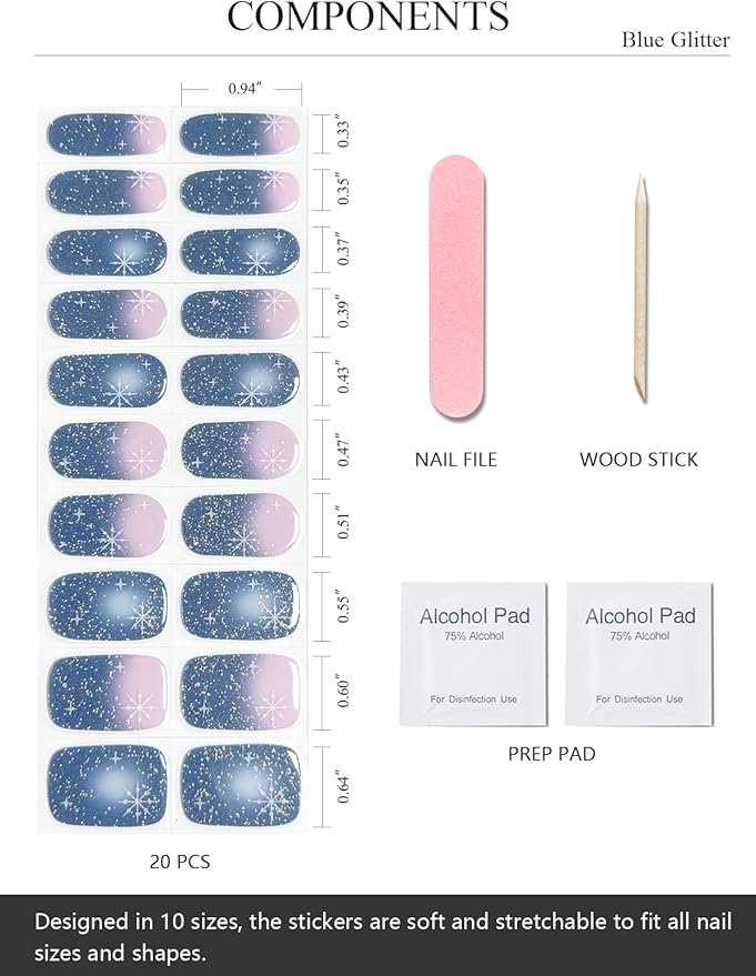 Semi Cured Gel Nail Strips (Blue Glitter), Christmas Snowflake, 20 Pcs Gel Nail Wraps, Stickers, Salon Quality, Long Lasting, Works with Any UV Lamps