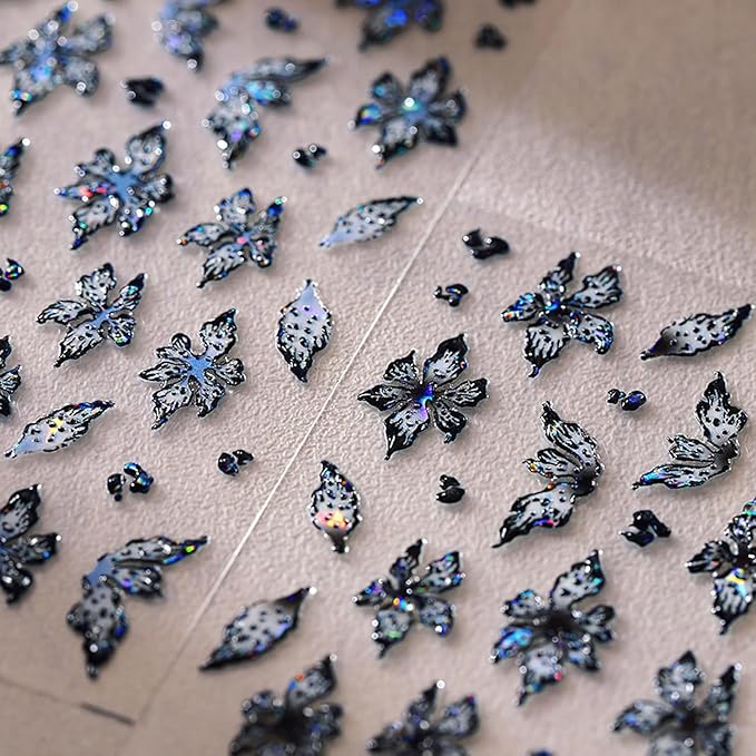 1 Sheets Embossed Flower Nail Stickers For Nail Art Holographic Laser Spring Flowers Nail Decals Black Blue Floral Nail Decor 5D Self-Adhesive Spring Butterfly Nail Art Stickers for Women Nails Design