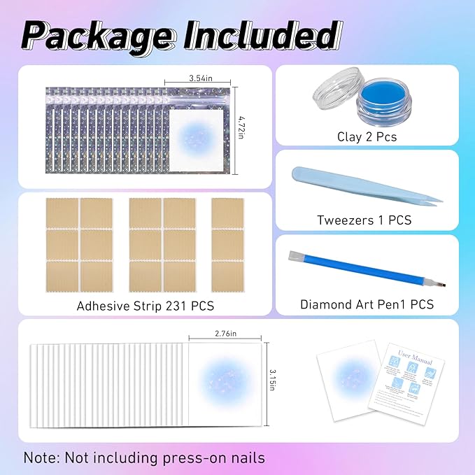 100PCS Press on Nail Packaging Bag, 100PCS Display Card with 231 Pcs Pre-cut Adhesive Tape & Diamond Art Pens & Glue Clay & Tweezers, 6-in-1 Set for Nail Display (Laser star)