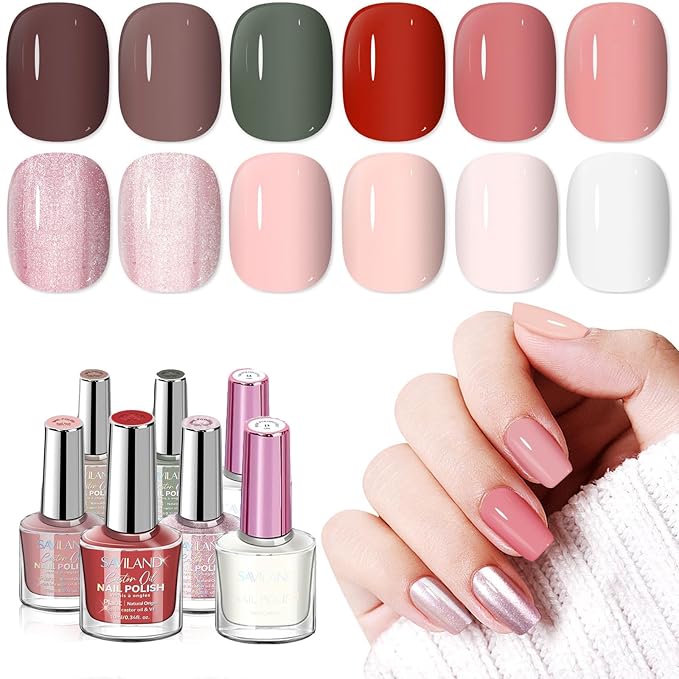SAVILAND Nail Polish Set Valentines: Burgundy Dark Red Purple Green Quick Dry Nail Polish Regular Kit with Castor Oil Base and Top Coat Nail Lacquer Set DIY Art at Home Gift 12 Colors