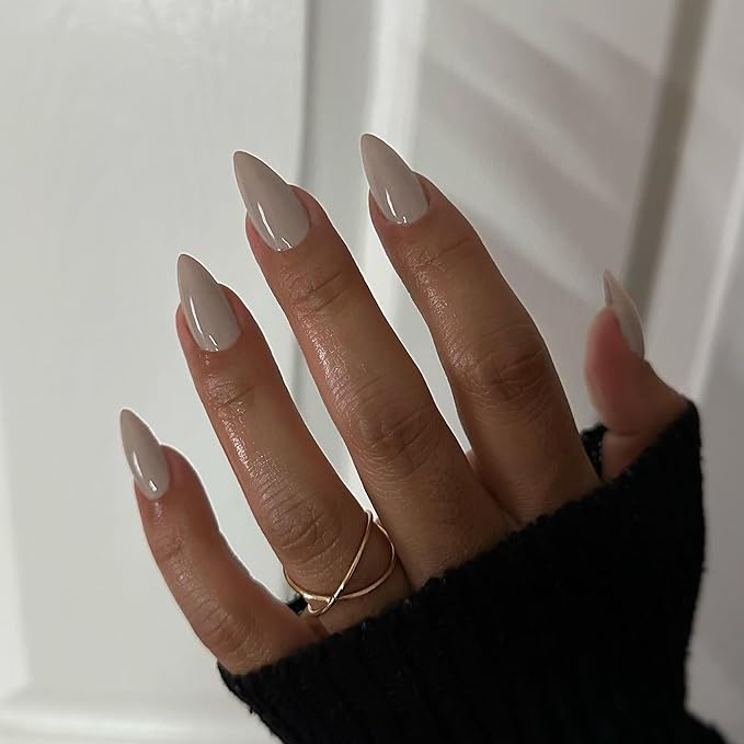 Khaki Press on Nails Almond Shaped Medium Length - Neutral Acrylic Reusable Fake Nails for Women Girls, Glue on Stiletto False Nails Soft Gel Artificial